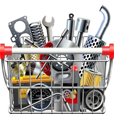 Vector Supermarket Cart with Car Parts Rear View isolated on white background